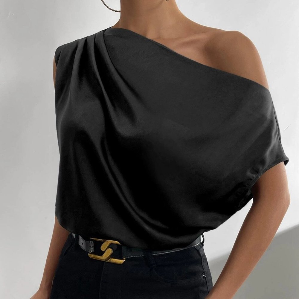 Black Boho Womens Asymmetrical Neck Ruched Shoulder Blouse - Picture 4 of 5